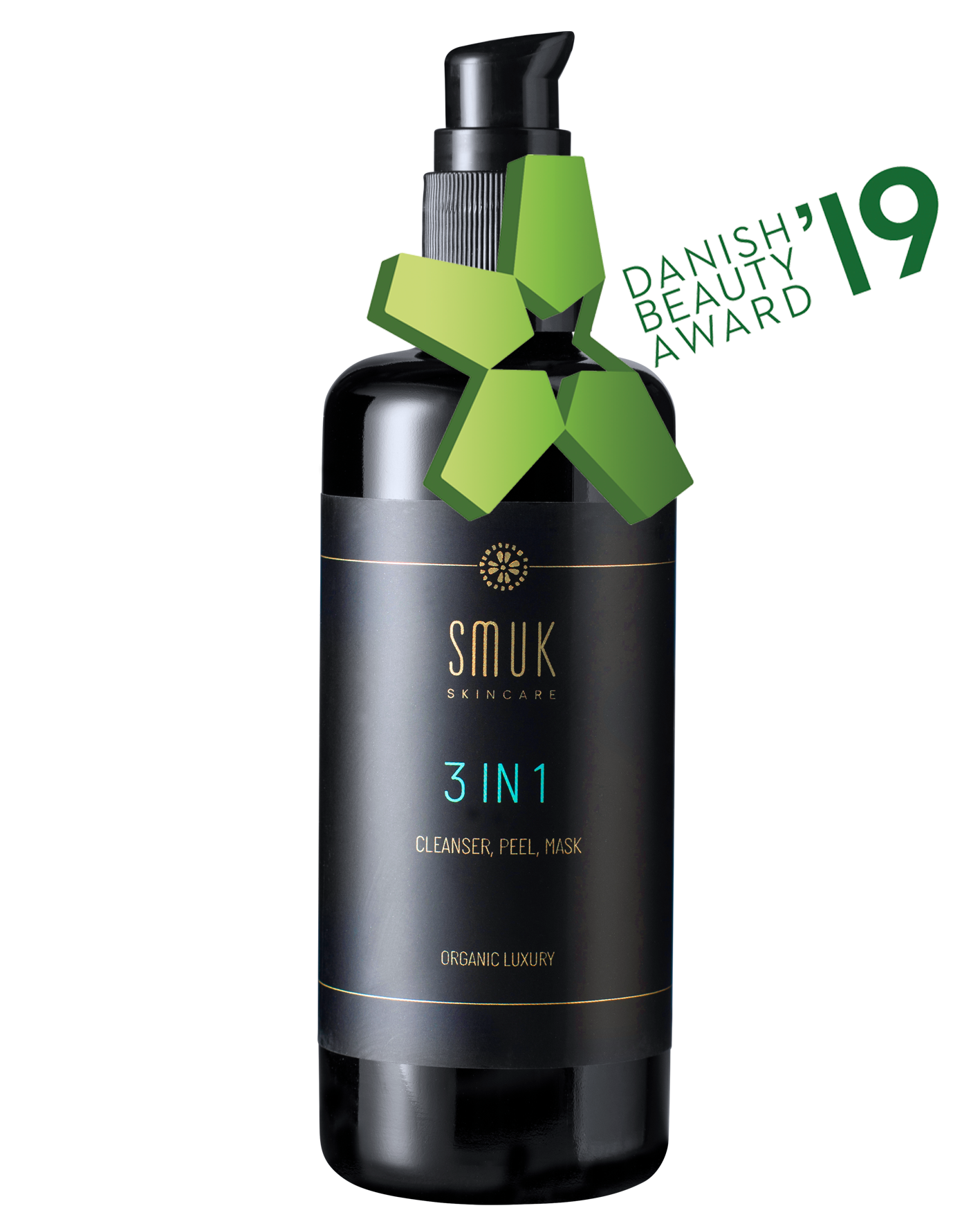 Sort flaske med SMUK skincare økologisk cleanser and og peel mask