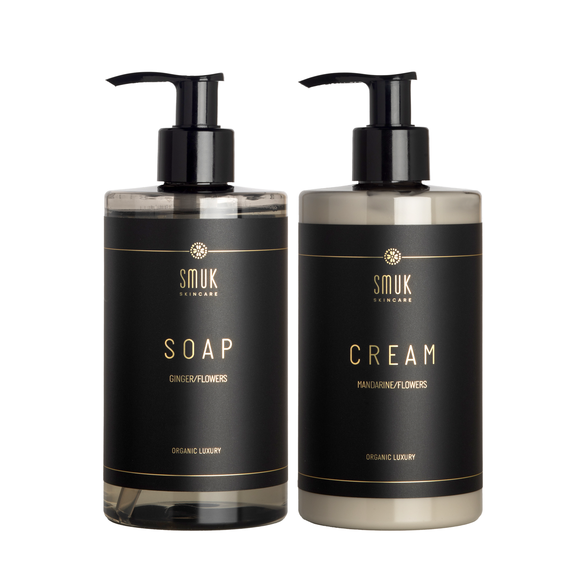 Pumpeflasker med SMUK skincare håndsæbe og håndcreme med mandarin og ingefær