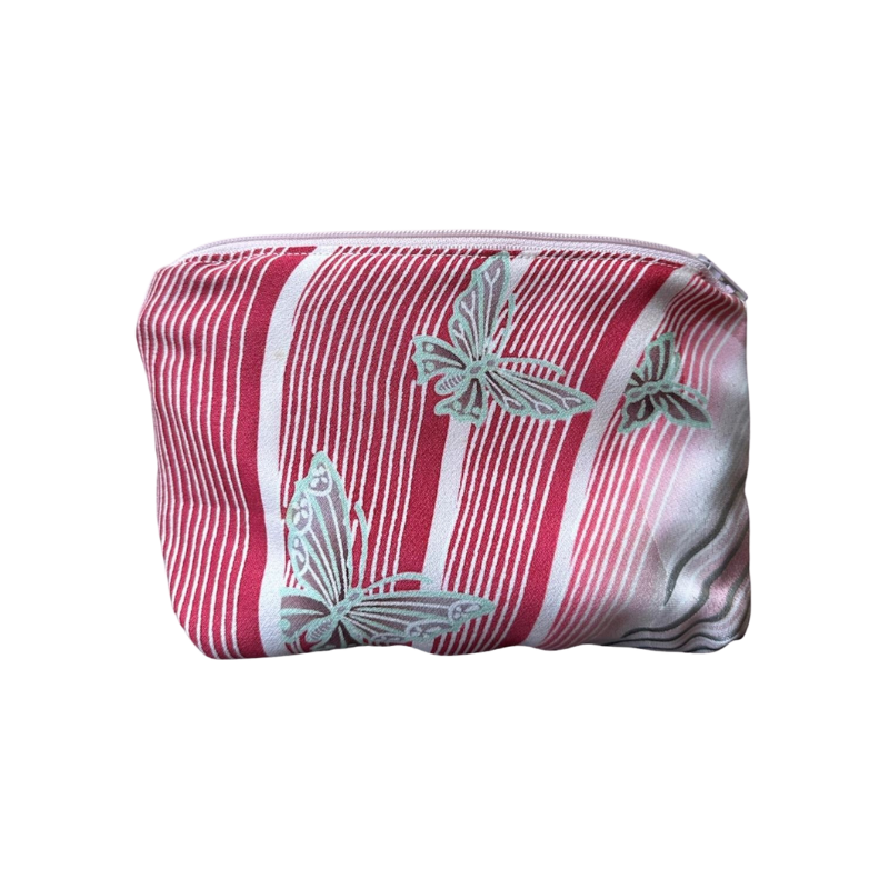 Lyserød stribet beauty make up bag med sommerfugl dekoration lavet af silke