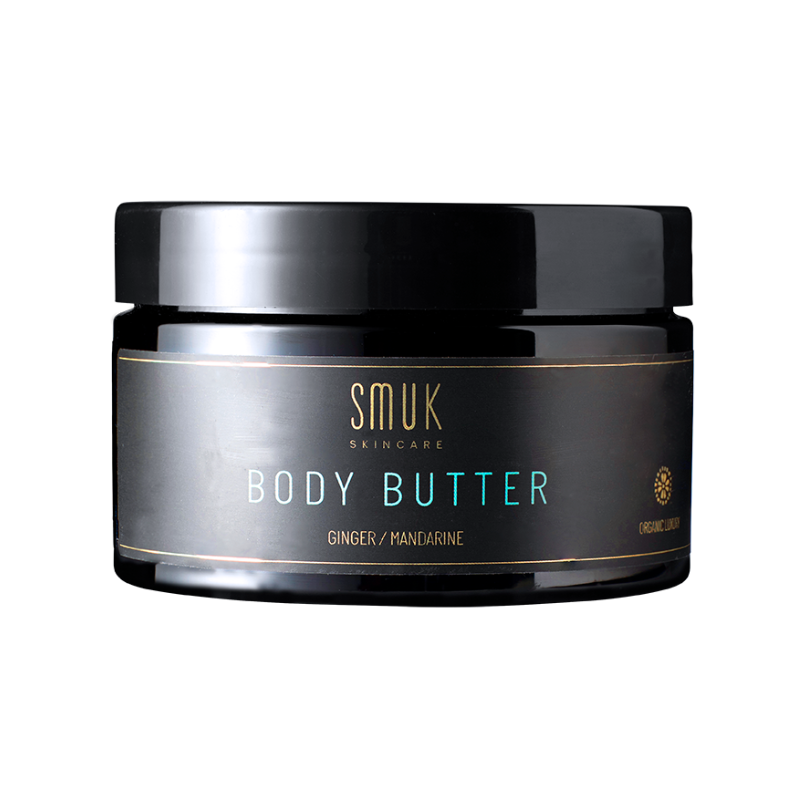 Sort dåse med SMUK skincare organic body butter med ingefær og mandarin