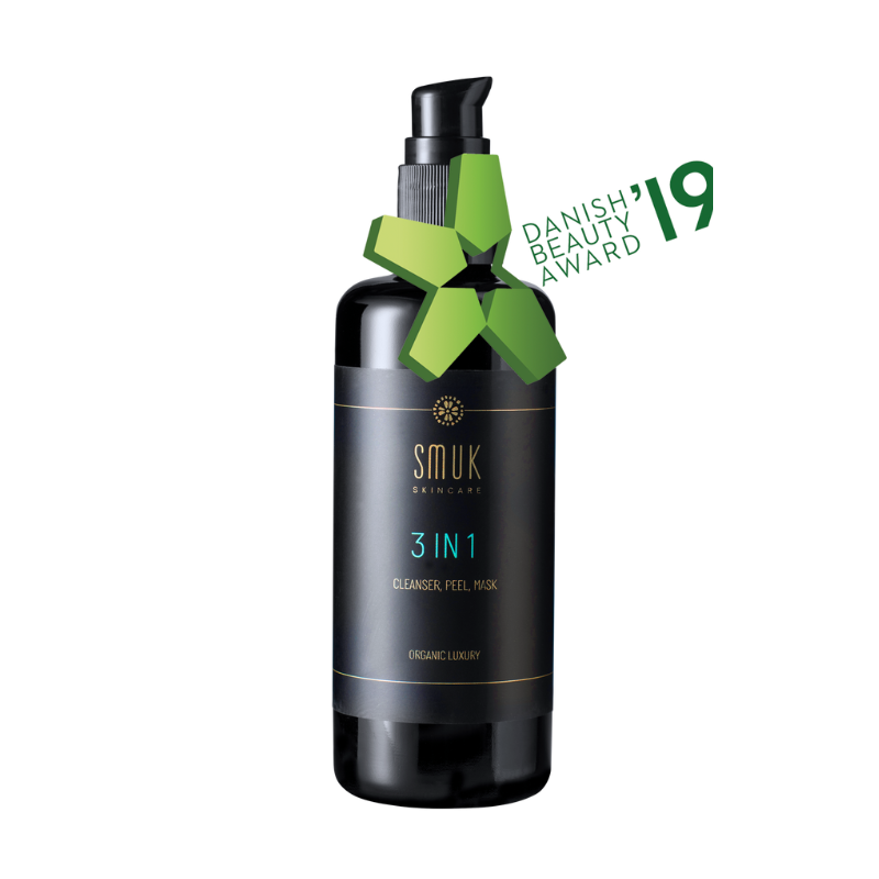 Sort flaske med SMUK skincare prisvinnende 3 in 1 cleanser og peel mask